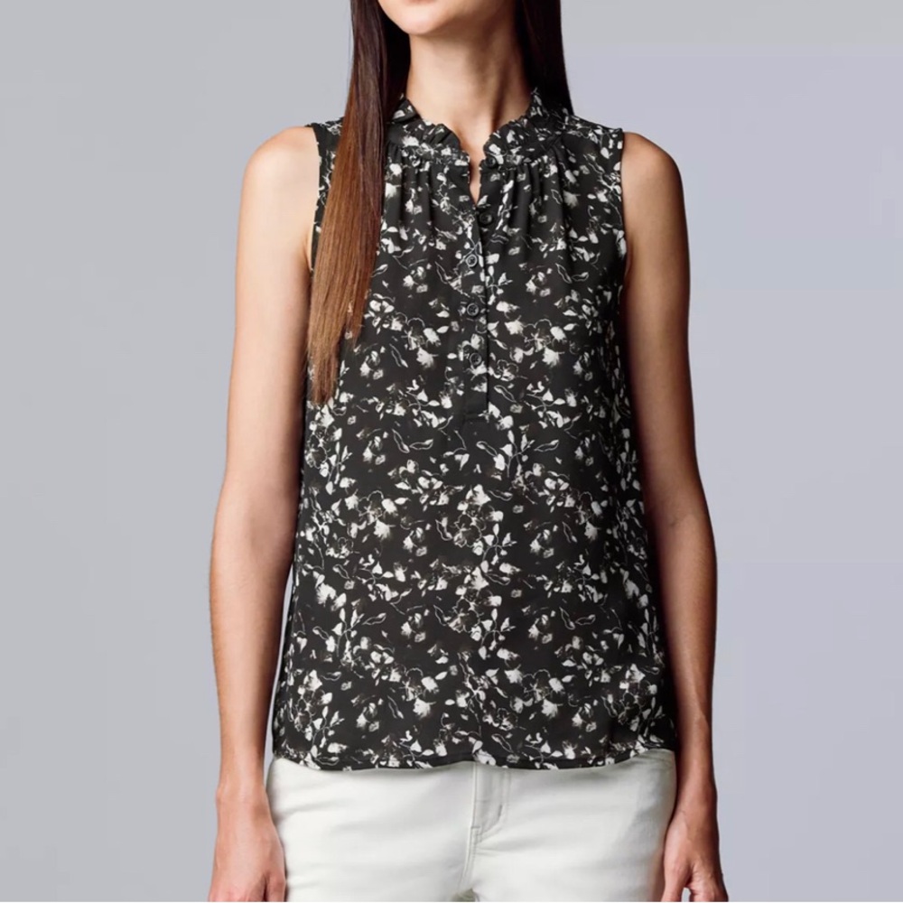 Simply Vera Vera Wang Black and White Sleeveless Tie Front Blouse